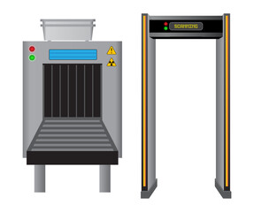 set of realistic metal detector frames or metal detector gate security or baggage check point with x-ray scanner