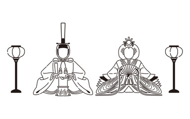 ひな人形とぼんぼりのイラスト（線画）