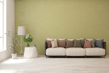 Green living room with sofa. Scandinavian interior design. 3D illustration