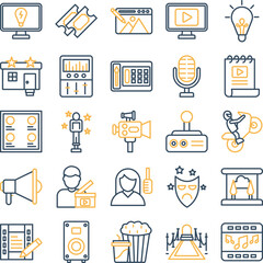 Video Production icons set, film industry icons, cinema icons set, Video Production icons pack, Video icons, Video Production of icons, video making icons set, video production line dual icons set