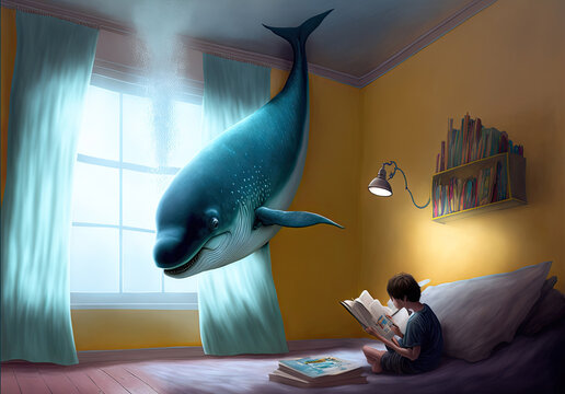 AI-generated image of a child imagining a whale entering his room while reading a book.