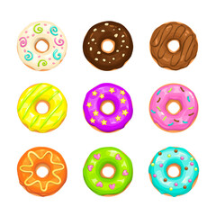 Set of cartoon colorful donuts. Top view.