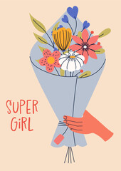 8 march, International Women's Day. Greeting card or postcard templates with bouquet of flowers for card, poster, flyer. Girl power, feminism, sisterhood concept.