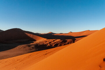 Naklejka na ściany i meble Exterior shot of the Namibian Sossusvlei sanddunes near the famous Dune 45 around sunrise