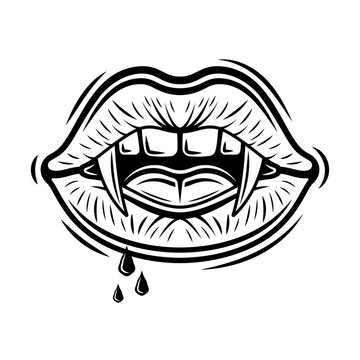 Vampire women mouth with fangs and blood drops vector illustration in vintage tattoo style isolated on white background