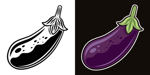 Eggplant vector illustration in two styles black on white and colorful on dark background