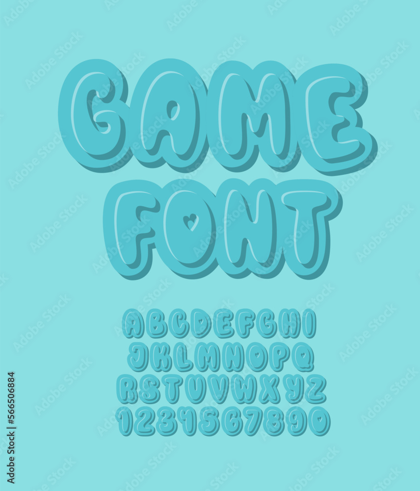 Sticker game font. funny button letters and numbers. playful kids alphabet.