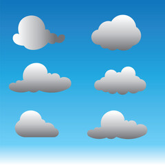 White 3d clouds set isolated on a blue background. Render soft round cartoon fluffy clouds icon in the blue sky. 3d geometric shapes vector illustration