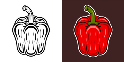 Bell pepper vector illustration in two styles black on white and colorful on dark background