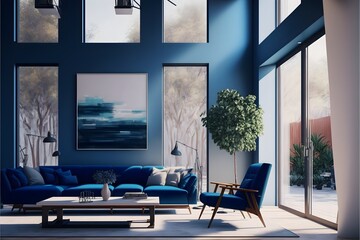 Modern living room with natural light, generative ai, high ceiling, and warm blue color as the wall blends in with the furniture's design.