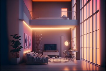 Modern living room with neon led light, generative ai, high ceiling, and warm colorful led sign light as the wall blends in with the furniture's design.