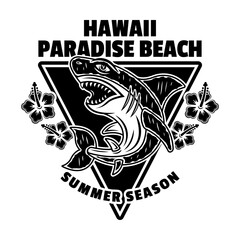 Hawaii paradise beach vector vintage emblem, label, badge or logo with shark. Illustration in monochrome style isolated on white background