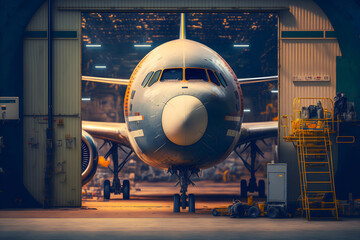Jet passenger airliner stands in a hangar outside the gate, a view directly to the fuselage and the cockpit of the nose. Generative AI technology.