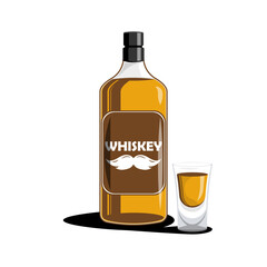 Whiskey bottle with glass shot on isolated background, Vector illustration.