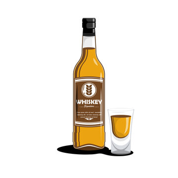 Whiskey bottle with glass shot on isolated background, Vector illustration.