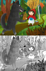 cartoon bad wolf meeting little girl in red hood in forest