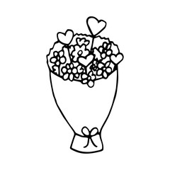 bouquet of flowers and hearts in a wrapper hand drawn in doodle style. simple minimalistic line art. monochrome icon.
