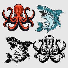 Octopus and shark set of vector animals in two styles colored and black and white