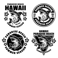 Obraz premium Hawaii paradise beach set of vector emblems, labels, badges or logos in vintage monochrome style with shark isolated on white background