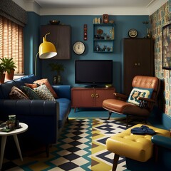 Retronome Living Room, modern living room with tv, generative ai
