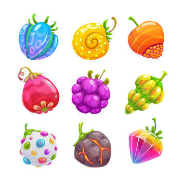 Funny cartoon colorful fantasy fruits, vector set
