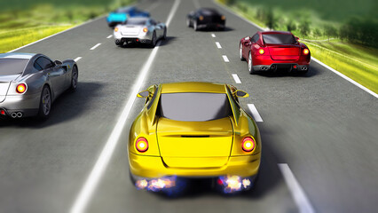 Fototapeta na wymiar Car race with various color racing cars on the road. 3D illustration