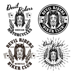 Biker club set of four vector emblems, logos, badges, labels, stickers with devil girl head and spark plugs. Illustration in monochrome style isolated on white background