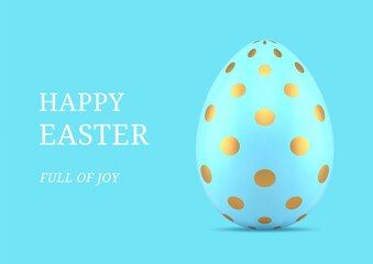 Fototapeta na wymiar Happy Easter blue chicken egg golden polka dot 3d greeting card design template realistic vector