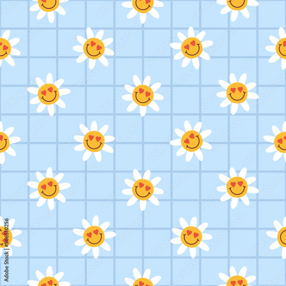 Poster retro groovy seamless pattern with smiling flowers on a blue checkered background. cute colorful tre