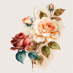 Watercolor roses illustration. Wedding invitation. Flower art print. Ai generated