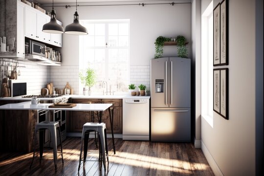 Kitchen Interior Design Urban Oasis Series: White walls with light stained hardwood flooring, urban inspired furnishings with metallic accents. Generative AI
