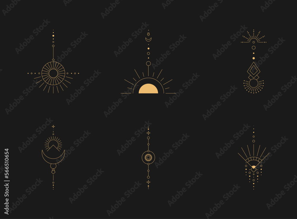Aufkleber set of moon and sun line art. minimal boho linear symbols. celestial mystic element. vector line art