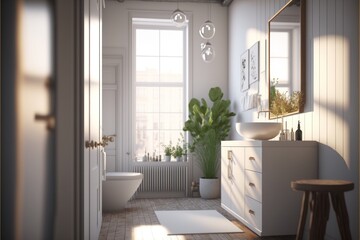 Bath Room Interior Design Urban Oasis Series: White walls with light stained hardwood flooring, urban inspired furnishings with metallic accents. Generative AI
