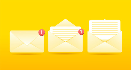 3d yellow open mail envelope icon set with new message marker.