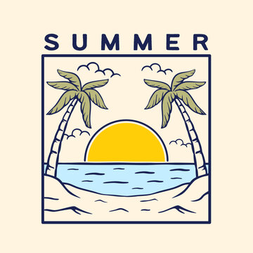 vector illustration summer beach, sunset and palm trees. Simple hand drawn line art sketch for T-Shirt, poster, logo template.