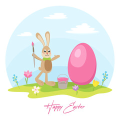Easter Bunny cute cartoon character with brush, bucket of pink .paint, .big pink egg, flowers, on the green grass. Vector illustration in flat style