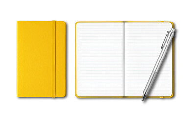 Yellow closed and open lined notebooks with a pen isolated on transparent background - obrazy, fototapety, plakaty