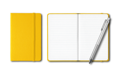 Yellow closed and open lined notebooks with a pen isolated on transparent background