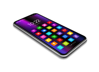 Smartphone with colorful icon set isolated on transparent background. 3D render