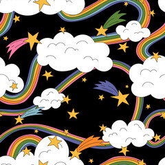 Seamless pattern with rainbows, clouds and stars in groovy cartoon style. Hand drawn vector background.  - 566512066