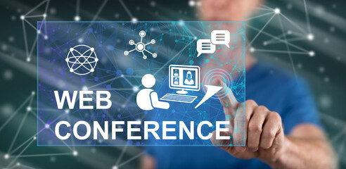 Man touching a web conference concept