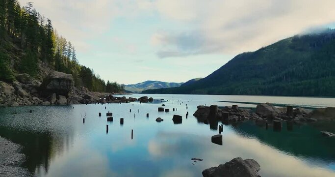 Lake Cushman Flyover, close to the water. Great reflections of mountains and sunset. 