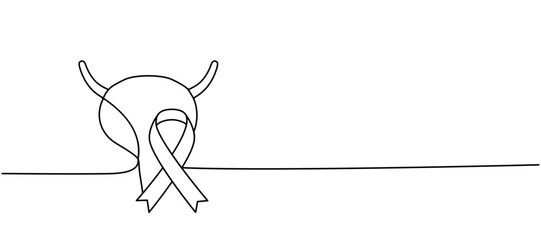 Human bladder with ribbon one line continuous drawing. Cancer awareness ribbon, AIDS tape continuous one line illustration.