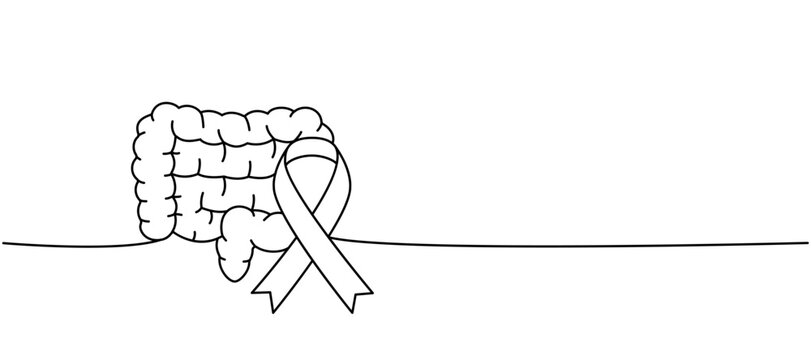 recommend clip art: Human intestines with ribbon one line continuous drawing. Cancer awareness ribbon, AIDS tape continuous one line illustration.
