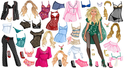 Lingerie Model Paper Doll with Beautiful Lady, Outfits, Hairstyles and Accessories. Vector Illustration