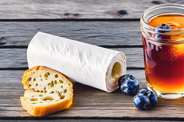 a glass of honey next to a roll of bread and blueberries on a wooden table with a rolled napkin as natural remedies against diarrhea, generative AI