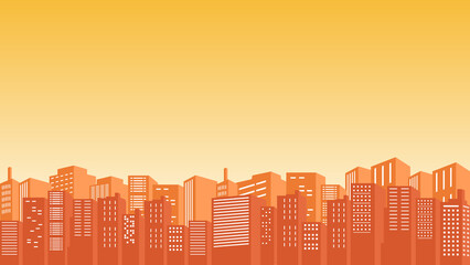 Illustration of a city background building in the morning with a view of orange color clouds