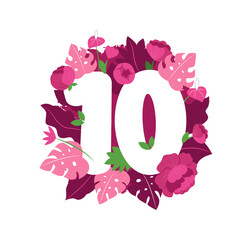 Pink 10 number with flowers peony and monstera