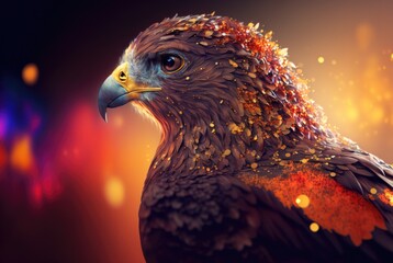 Perched hawk with intense predatory gaze - stealthy and perfectly camouflaged in colorful flower field - generative AI illustration.
