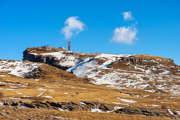 Mountain peak of Castel Gaibana (1806 m), Malga San Giorgio Ski Resort in winter, Lessinia Plateau...